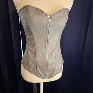 Grey faux leather corset top with zipper and lace-up back